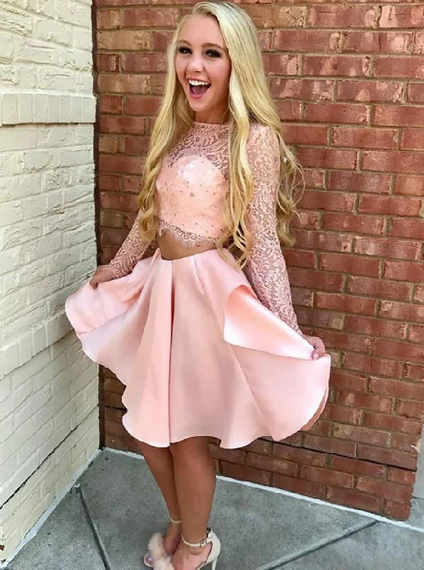 Laid-Back Fashion Offers Y2K Nostalgic Fashion Look Two Pieces Pink Short Prom Dress Lace Bodice Long Sleeve Homecoming Dress OM242