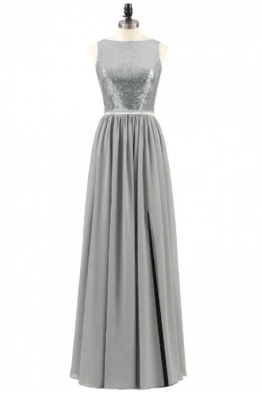 Hurry Before It'S Gone Beat the Heat in Tropical Styles Grey Sequin Bateau Neck Backless A-Line Long Bridesmaid Dress