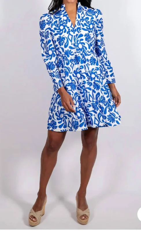 The Latest Fashion Trends Feminine Soft - Hued Styles Beach Splash Print Long Sleeve Tunic Flare Dress In Blue