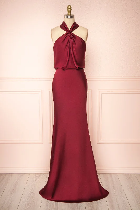 Sustainable Fashion Extravaganza Hollywood Glam Award - Show Style Jinny Burgundy | Satin Halter Maxi Dress