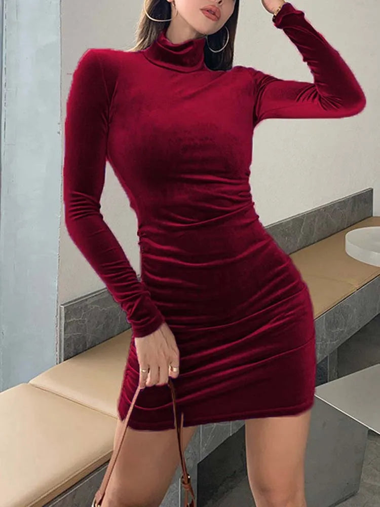 Sophisticated Street Style Offers Sophisticated Cut DressBetty - 2024 Slim Velvet Long Sleeve Party Turtleneck Bodycon Dress