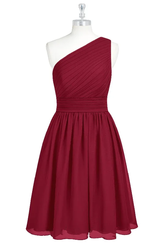 Urban Fashion Grab Romantic Date - Night Styles Now Wine Red Chiffon One-Shoulder Gathered Short Bridesmaid Dress