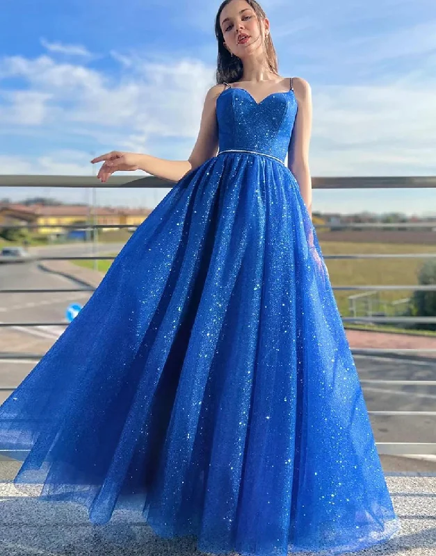 Contemporary Chic Promotions Statement Piece Roycebridal Tracy | Royal Blue Sparkly A Line Spaghetti Straps Long Prom Dress