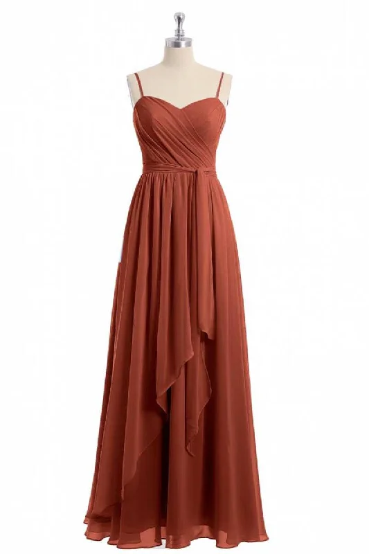 Fall Sale, Prices Drop Today Only Rust Orange Spaghetti Straps Sweetheart Ruffled Long Bridesmaid Dress