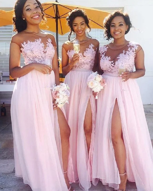 Fresh Styles, Fresh Deals Save on Classic Elegant Styles Pink Long Chiffon Bridesmaid Dress Women Maid of the honor Gown with Lace