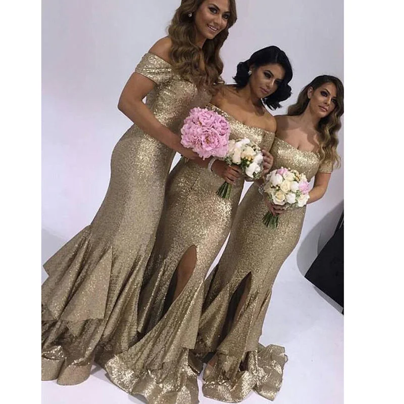 Exclusive Sale Beat the Heat in Tropical Styles Off Shoulder Champagne sequins Bridesmaid Dress Mermaid Maid of honor Gown for Women