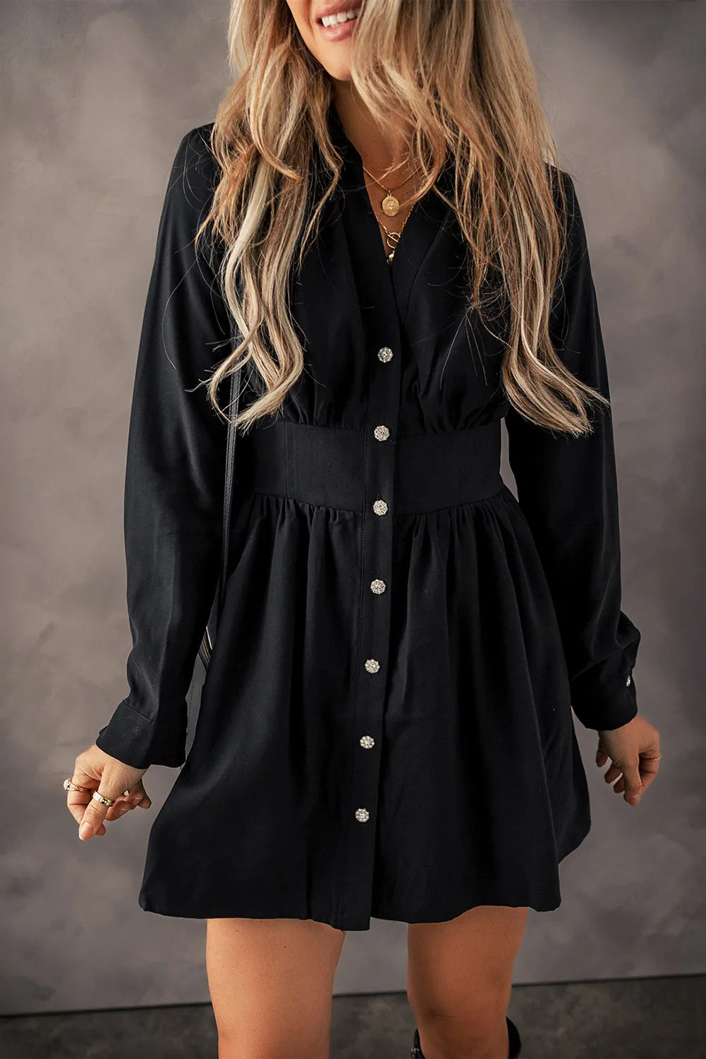 Flash Sale Starts Lightweight Fabric Ruched Button Up Long Sleeve Dress