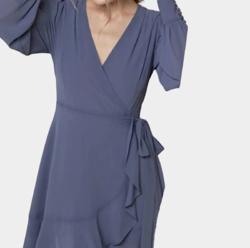 Holiday Attire Sale End - of - Month Blowout Long Sleeve Wrap Dress In Denim