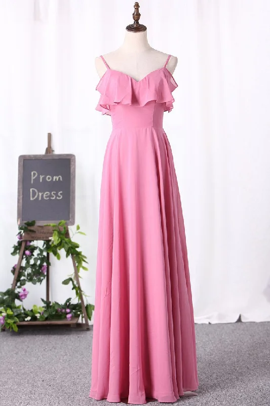 Stay Ahead In Style Clearance Event Pink Chiffon Straps Ruffled A-Line Long Bridesmaid Dress