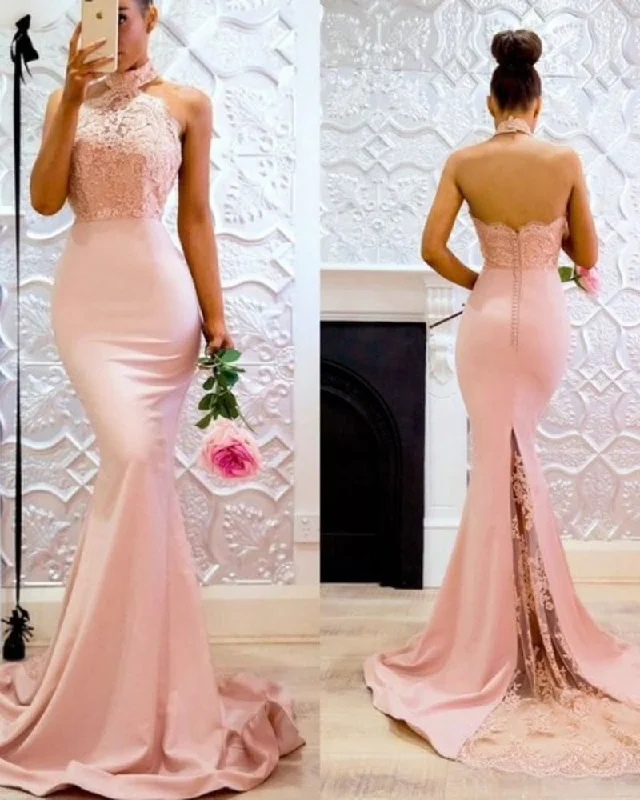 Special Offer Discounts on Casual Weekend Styles Halter High Neck Pink Bridesmaid dress Long Mermaid Evening Party Gown LP305