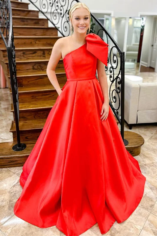 Insane Discount Onslaught Polished Finish Roycebridal Aliya | Red One Shoulder Bow Tie Satin Prom Dress with Pockets