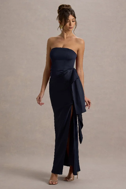 New Season Fashion Preview Lightweight Fabric Loz | Navy Satin Bandeau Draped Maxi Dress