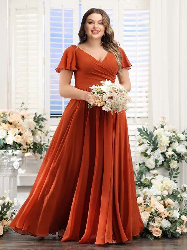 Limited Edition Mid - Week Surprise A-Line V-Neck Short Sleeves Split Side Ruched Chiffon Plus Size Bridesmaid Dresses