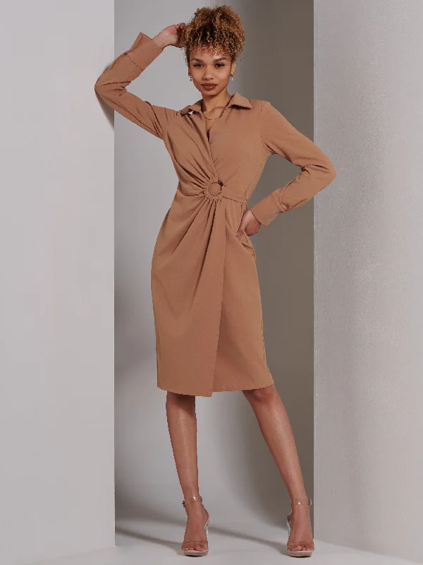 Refined Fashion Sale Luxe Layering Reveka Wrap Ruched Shirt Dress, Camel