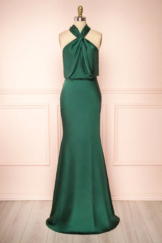 Inspired By You, Designed For You Art Deco Geometric Pattern Look Jinny Emerald | Satin Halter Maxi Dress