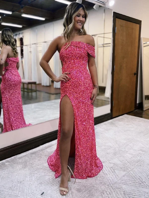 Shop The Hottest Deals Flash Sale Roycebridal Glitter Mermaid One Shoulder Pink Long Prom Dress With Slit