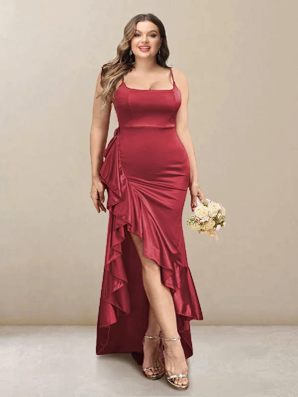 Gift Ideas Clearance Event Sheath/Column Scoop Straps Ruffled Long Plus Size Bridesmaid Dresses with Split Side