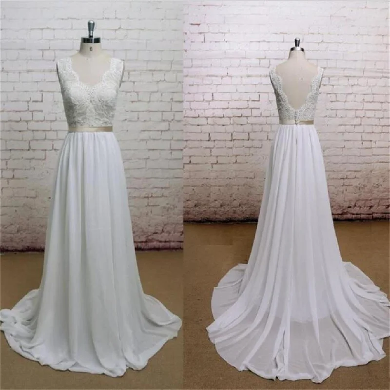 Chic & Modern Sales Last Chance Sale A-line Chiffon With Lace Simple V-Neck Free Custom Handmade Wedding Dresses, WD0135