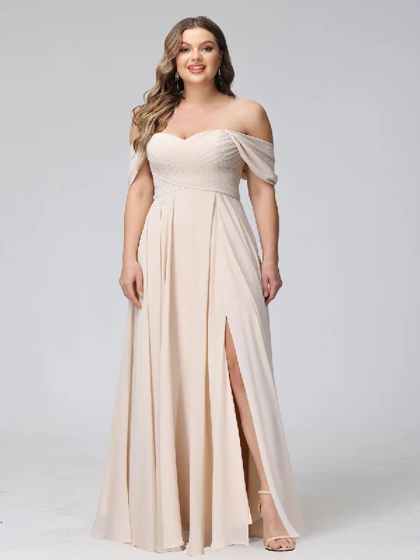 Shop Sale Items Classic Timeless Elegant Style A-Line Off-the-Shoulder Sleeveless Ruched Long Chiffon Plus Size Bridesmaid Dresses with Split Side