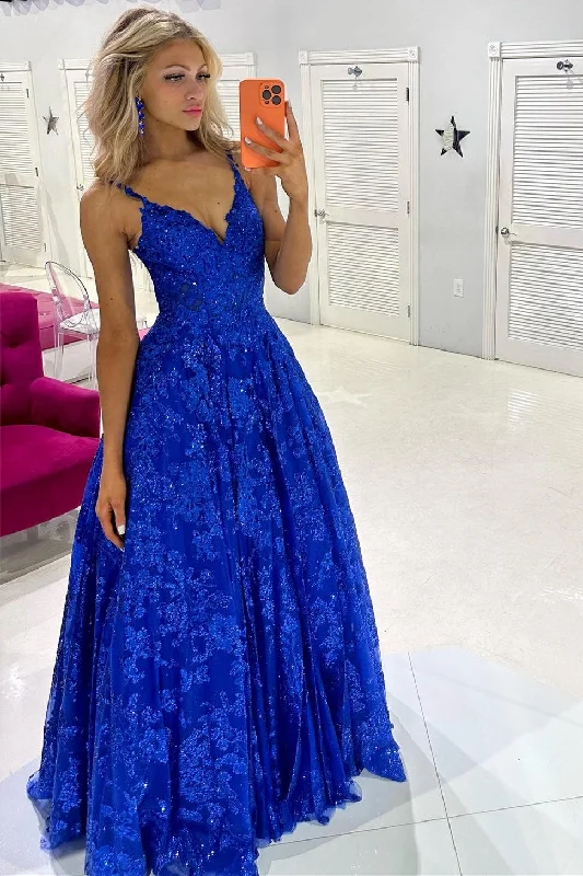 Fashion Sale Y2K Nostalgic Fashion Look Roycebridal Mikaela | Royal Blue Sequin Lace V-Neck A-Line Long Prom Dress