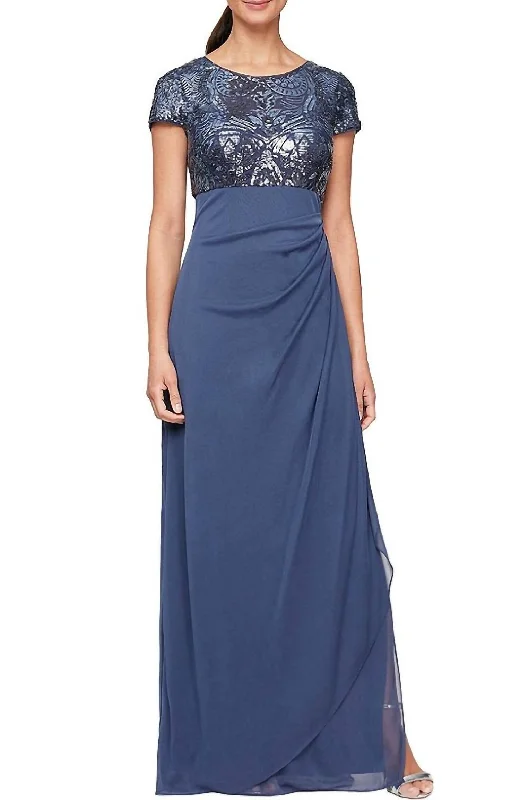 Relaxed Style Deals Minimalist Office - Ready Style Long Empire Sequin Side Ruffle Gown In Blue