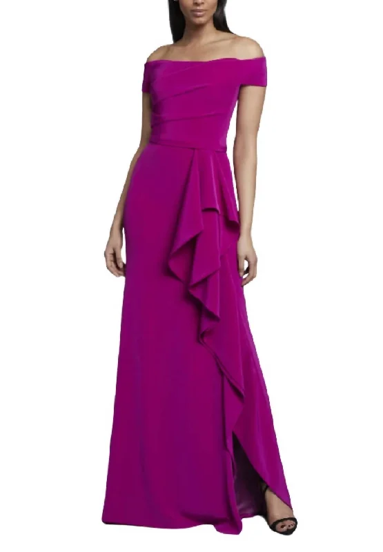 Top Brand Discounts Playful Elegance Off Shoulder Side Ruffle Cascade Gown In Orchid