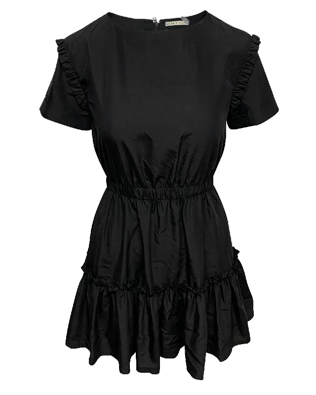 Evening Elegance Statement Piece Alice + Olivia Garner Ruffled Mini Dress in Black Modal