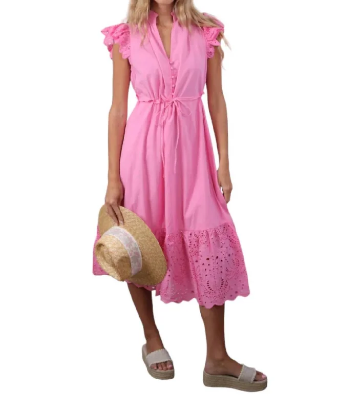 Swimwear Summer Blowout Parisian Effortless Chic Style Eyelet Ruffle Midi Dress In Palm Pink