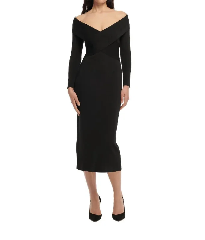 Discover Now Early Access to Art Deco Styles Sale Long Sleeve Flat Knit Midi Dress In Black