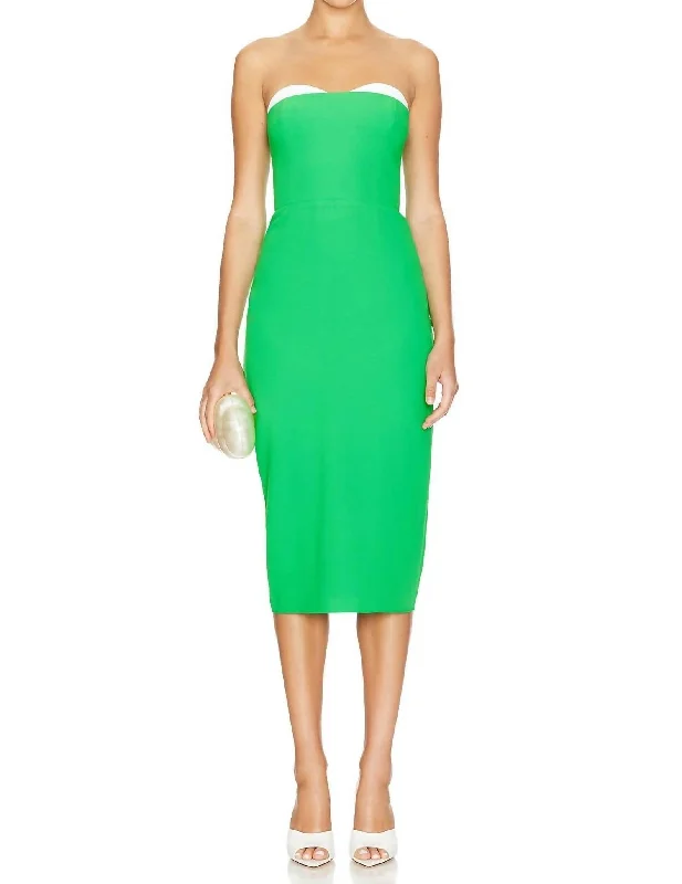 Luxury Fashion Elegant Contour Meline Silk Midi Dress In Grass & Ivory