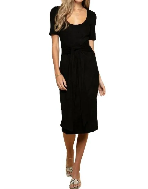 Premium Style Dreamy Draping Melrose Tie Waist Midi Dress In Black