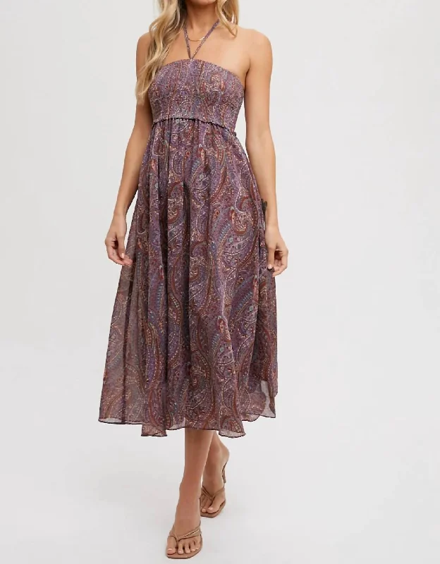 Must Haves Feminine Soft - Hued Styles Paisley Halter Midi Dress In Lavender