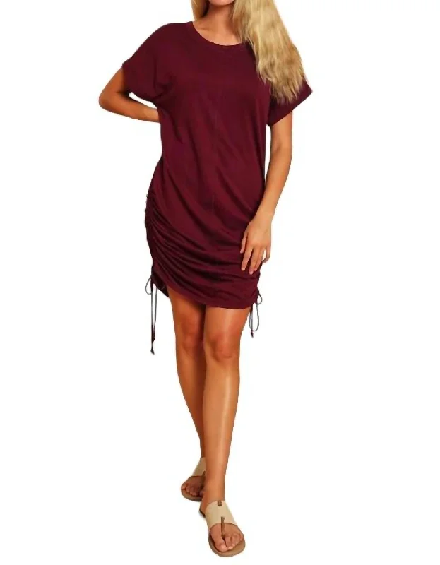 Summer Deals Feminine Flow Peyton Ruched Mini Dress In Wine