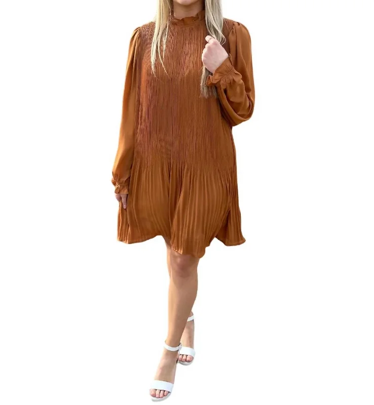 Trendy Styles Ethnic Cultural Event Wear Pleated High Ruffle Neck Mini Dress In Honey Ginger