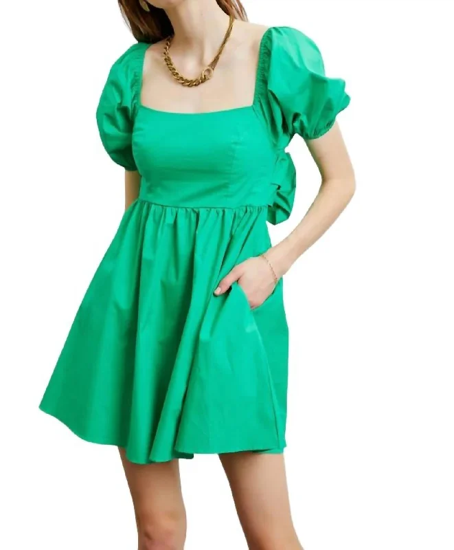 The Latest Fashion Trends Lighten Up with Nordic Styles Puff Sleeve Babydoll Mini Dress In Green