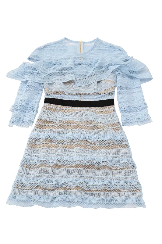 Premium Style Feminine Charm Self-Portrait Stripe Grid Lace Mini Dress in Blue Polyester