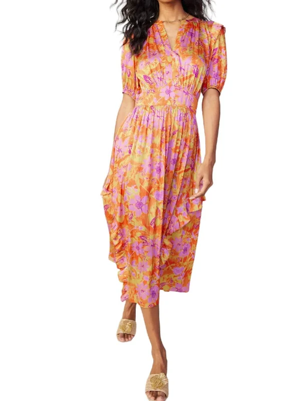 Essentials On Sale Casual Weekend Relaxed Style Split Neck Smocked Midi Dress In Orange Pink