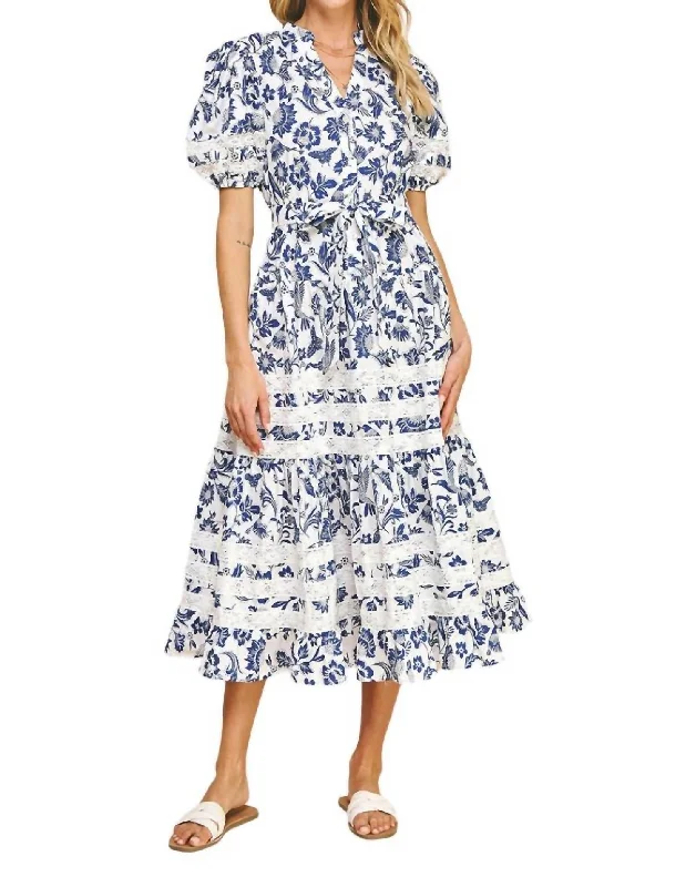 Style Without Limits Ethnic Cultural Event Wear Tiered Midi Dress In Blue/white