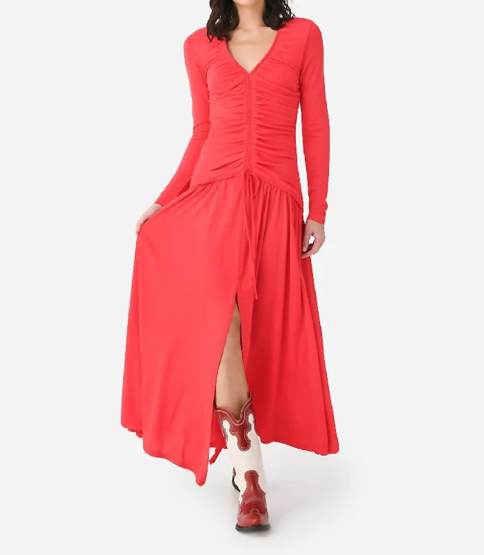 Budget-Friendly Fashion Minimalist Chic V-Neckline Long Sleeve Midi Dress In Red