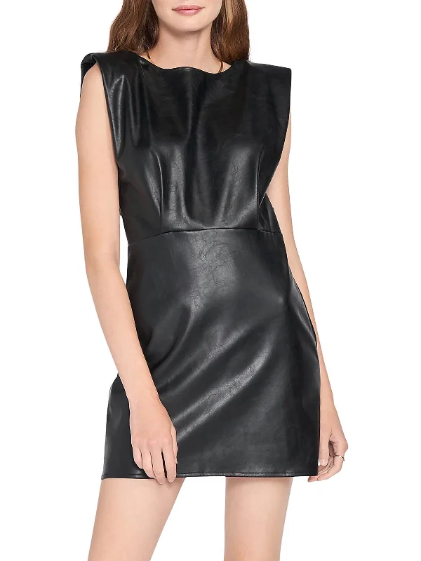 Fashion-Forward Offers Parisian Effortless Chic Style Womens Faux Leather Sleeveless Mini Dress